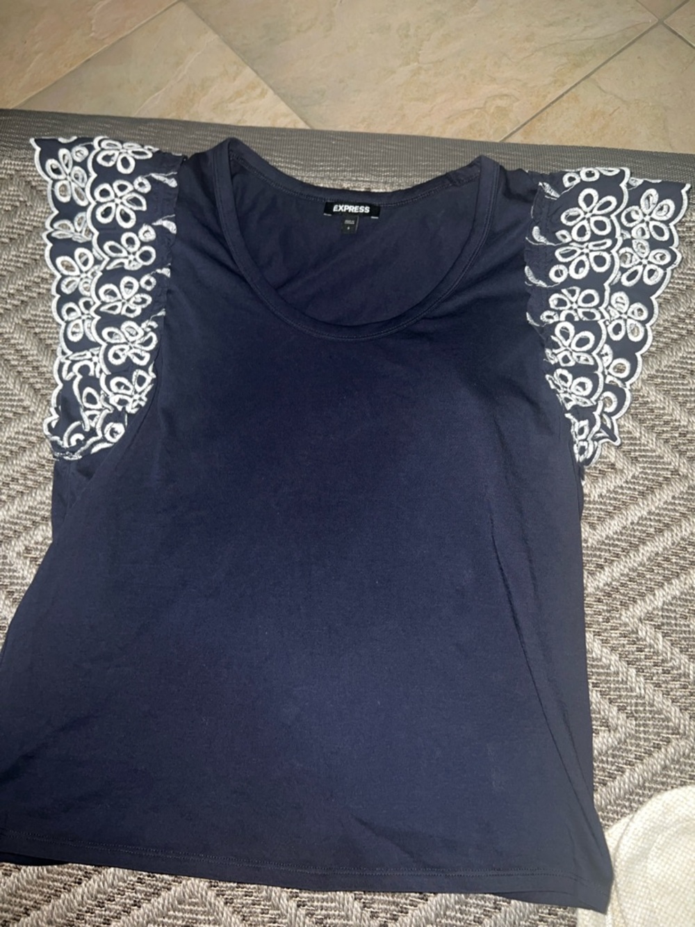 Express Navy Tank Top with White Floral Lace Cap Sleeves